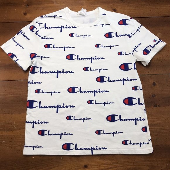 Champion Mens Medium T-Shirt White Spell Out All Over‎ Print Logo - Picture 1 of 8